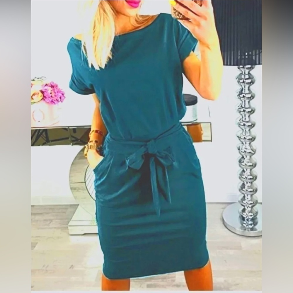 Pretty Garden Turquoise Dress Short Sleeve Small